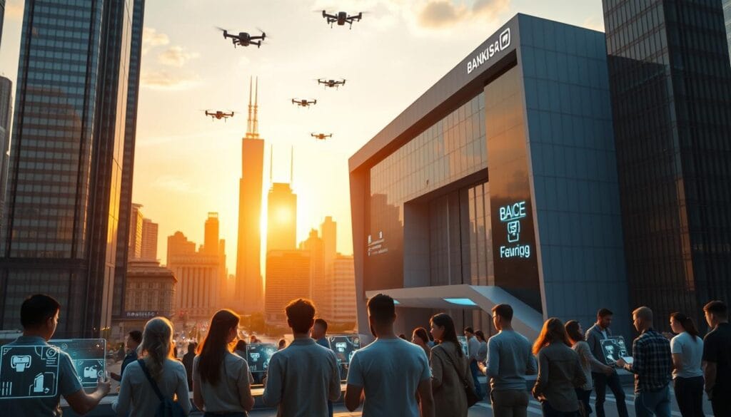 A futuristic cityscape with towering skyscrapers and hovering transportation, illuminated by a warm, golden-hued sunset. In the foreground, a group of diverse individuals interacting with holographic interfaces, seamlessly transferring funds, checking balances, and making payments with the flick of a finger. The middle ground features a sleek, angular banking headquarters with a minimalist aesthetic, its facade adorned with glowing touchscreen panels. In the background, a network of drones and autonomous vehicles weave through the skyline, delivering packages and providing on-demand services. The overall scene conveys a sense of innovation, efficiency, and the integration of cutting-edge financial technology into the fabric of everyday urban life.