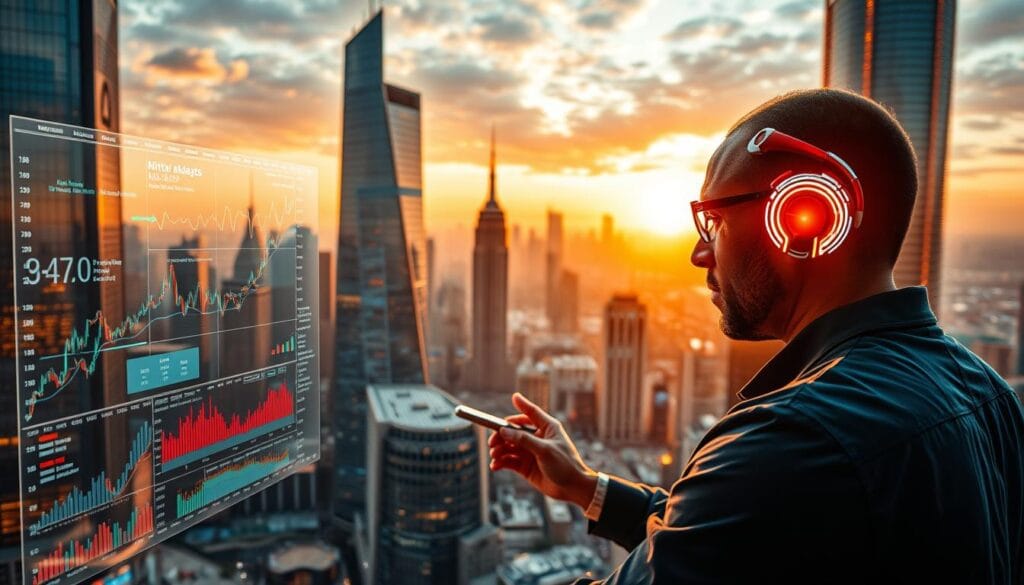 A futuristic cityscape with towering skyscrapers and sleek, high-tech interfaces. In the foreground, a financial analyst intently studies stock charts and data visualizations on a large holographic display, their face illuminated by the glow of the screen. Surrounding them, virtual assistants powered by advanced AI algorithms analyze market trends and make real-time predictions. The middle ground features a bustling stock exchange, with traders and brokers interacting with intelligent trading platforms. In the background, a panoramic view of the city skyline, bathed in the warm glow of sunset, symbolizing the potential for AI-driven financial insights to shape the future.