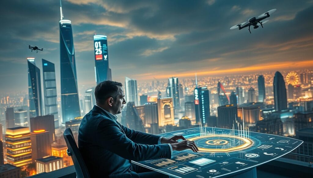 A futuristic cityscape with towering skyscrapers, bathed in a warm, ambient light. In the foreground, a businessman sits at a sleek, holographic desk, surrounded by a halo of glowing data visualizations and AI-generated financial models. His expression is one of deep contemplation as he interacts with the responsive, intuitive interface, making informed, data-driven investment decisions. The middle ground features a bustling financial district, where autonomous trading bots and intelligent algorithms seamlessly navigate the markets. In the background, the skyline is punctuated by the silhouettes of drones and autonomous vehicles, symbolizing the pervasive integration of AI into every facet of modern finance. A futuristic cityscape with towering skyscrapers, bathed in a warm, ambient light. In the foreground, a businessman sits at a sleek, holographic desk, surrounded by a halo of glowing data visualizations and AI-generated financial models. His expression is one of deep contemplation as he interacts with the responsive, intuitive interface, making informed, data-driven investment decisions. The middle ground features a bustling financial district, where autonomous trading bots and intelligent algorithms seamlessly navigate the markets. In the background, the skyline is punctuated by the silhouettes of drones and autonomous vehicles, symbolizing the pervasive integration of AI into every facet of modern finance.