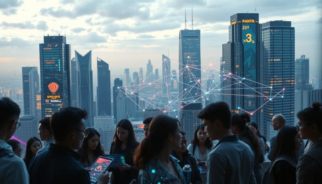 A futuristic cityscape with towering skyscrapers, gleaming with a metallic sheen and adorned with interconnected digital infrastructure. In the foreground, a diverse group of individuals interacting with holographic interfaces, their expressions a mix of concentration and wonder. The middle ground features a network of virtual currency flows, represented by pulsing neon lines and geometric shapes. In the background, a skyline bathed in a warm, data-infused glow, suggesting the integration of traditional banking and decentralized finance. The scene conveys a sense of technological advancement, innovation, and the coexistence of established and emerging financial systems. A futuristic cityscape with towering skyscrapers, gleaming with a metallic sheen and adorned with interconnected digital infrastructure. In the foreground, a diverse group of individuals interacting with holographic interfaces, their expressions a mix of concentration and wonder. The middle ground features a network of virtual currency flows, represented by pulsing neon lines and geometric shapes. In the background, a skyline bathed in a warm, data-infused glow, suggesting the integration of traditional banking and decentralized finance. The scene conveys a sense of technological advancement, innovation, and the coexistence of established and emerging financial systems.