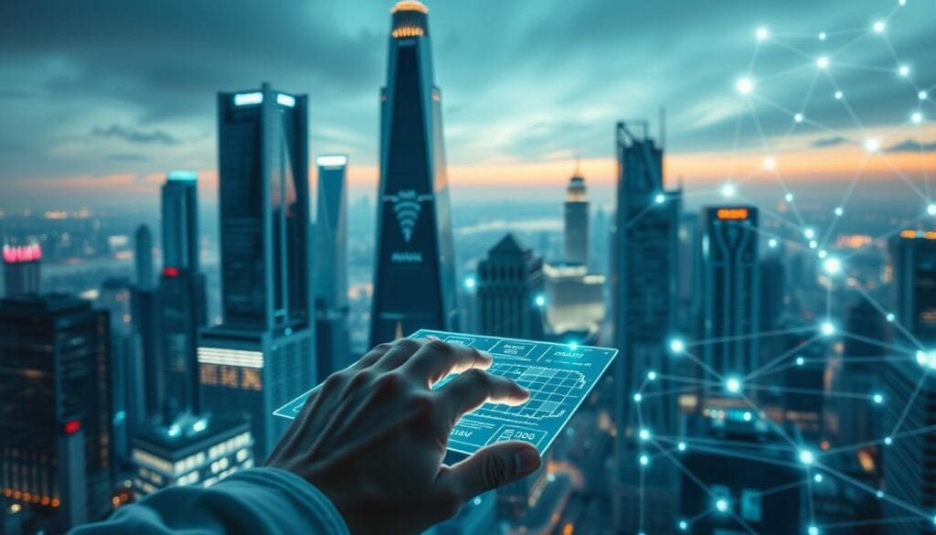 A futuristic cityscape with towering skyscrapers, glowing neon holograms, and a sleek, metallic interface displaying complex credit risk algorithms. In the foreground, a pair of hands interacting with a holographic display, analyzing data and making informed decisions. The scene is bathed in a cool, blue-tinted lighting, creating a sense of technological sophistication and precision. The background is filled with a network of interconnected data streams, visualized as glowing lines and pulsing nodes, reflecting the power of AI-driven credit risk assessment in the year 2025.