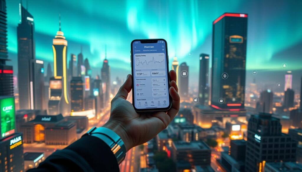 A futuristic cityscape with towering skyscrapers, neon-lit streets, and floating holographic displays. In the foreground, a sleek, minimalist personal finance app interface hovers above a person's palm, showcasing detailed blockchain transaction logs, secure digital wallets, and smart contract management tools. The middle ground features a network of interconnected devices, from smart home systems to wearable tech, all synced through a decentralized blockchain platform. In the background, an Aurora Borealis-inspired lighting effect casts a warm, ethereal glow over the entire scene, emphasizing the seamless integration of blockchain technology into everyday personal finance.