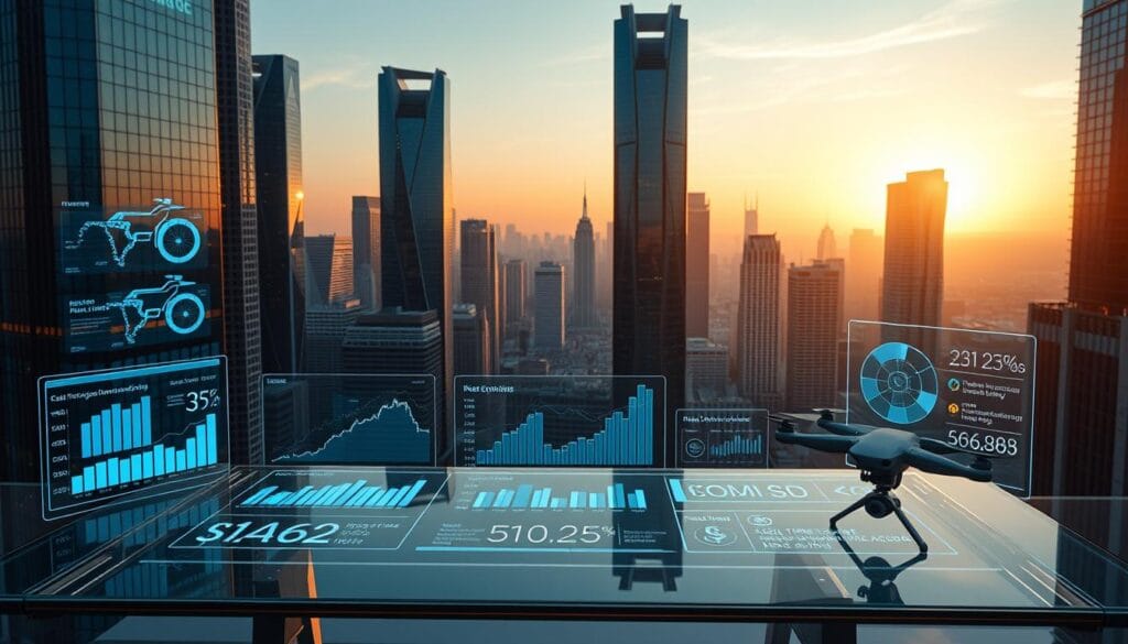 A futuristic cityscape with towering skyscrapers, their facades adorned with holographic blockchain data visualizations. In the foreground, a transparent glass table displays interactive financial charts, graphs, and statistics reflecting the growth and adoption of blockchain-based budgeting tools. Sleek, minimal interfaces showcase real-time transaction data, cost savings, and increased transparency. The middle ground features drone-mounted cameras capturing the bustling metropolis, while the background is bathed in a warm, golden glow of a sunlit horizon, symbolizing the bright future of blockchain in financial management.