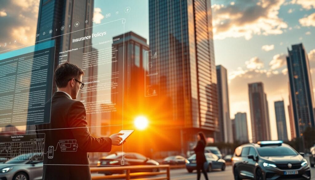 A futuristic cityscape with towering skyscrapers, their glass facades reflecting the golden sunset. In the foreground, a holographic display projects intricate insurance policy details, data streams flowing seamlessly between digital devices. In the middle ground, smartly dressed professionals interact with intuitive touchscreen interfaces, finalizing policy terms with a few effortless gestures. The background is alive with the hum of autonomous vehicles and the gleam of cutting-edge technology, creating an atmosphere of efficiency and innovation. Soft, warm lighting casts a sense of progress and modernization over the entire scene.