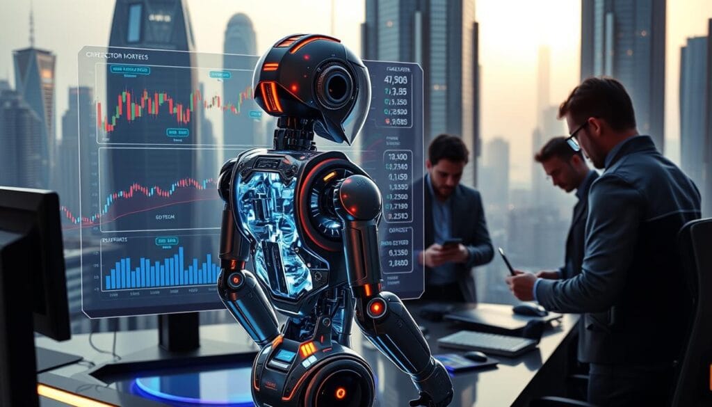 A futuristic cryptocurrency trading desk, illuminated by a warm, ambient glow. In the foreground, a sleek, silver crypto trading bot stands poised, its intricate circuitry and algorithms visible through a transparent casing. Behind it, a holographic display showcases real-time market data, candlestick charts, and a variety of trading strategies. In the middleground, a team of analysts in futuristic attire examines the data, making adjustments to the bot's parameters. The background is a cityscape of towering skyscrapers, hazy with the soft light of a near-future metropolis, reflecting the technological advancements transforming the world of finance.