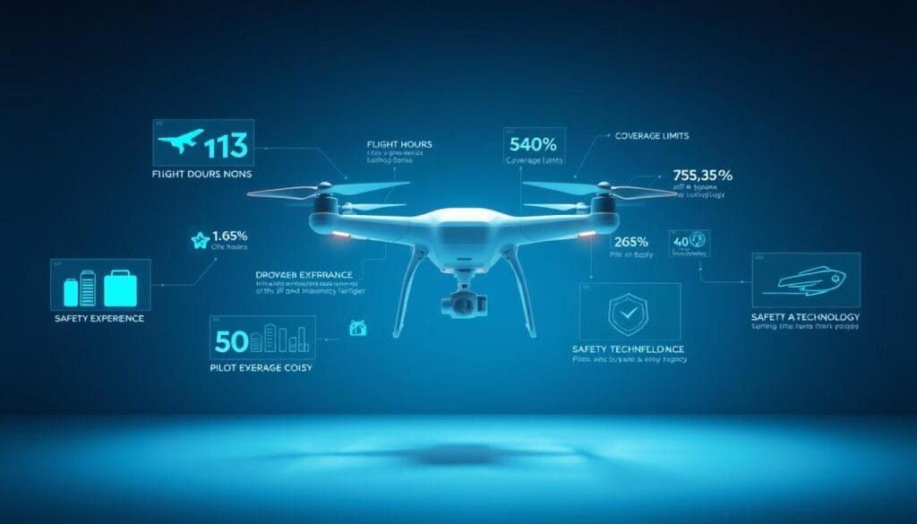 A futuristic, data-driven visualization of the key factors influencing drone insurance costs in 2025. Against a sleek, minimalist backdrop, a series of dynamic infographic elements float in midair, presenting statistics, charts, and icons depicting variables like flight hours, coverage limits, pilot experience, and safety technology. The scene is bathed in cool, azure lighting, creating a sense of precision and technological sophistication. The overall impression conveys the complex interplay of data points that drone hobbyists must navigate when selecting the optimal insurance policy for their aerial pursuits in the year ahead.