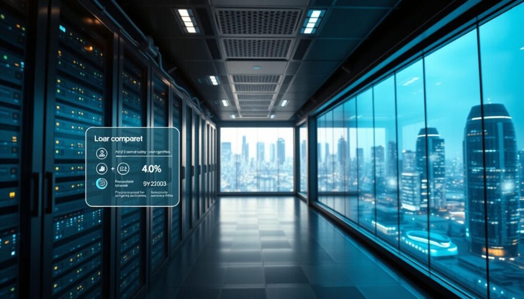A futuristic data processing center, where AI algorithms analyze and compare loan options. In the foreground, a sleek holographic interface displays personalized loan recommendations. The middle ground features rows of server racks, their LED lights casting a soft glow. In the background, a vast panoramic window reveals a gleaming, high-tech cityscape bathed in cool, ambient lighting. The scene conveys a sense of efficiency, innovation, and data-driven decision-making, perfectly suited to illustrate the power of AI-driven loan comparison tools.