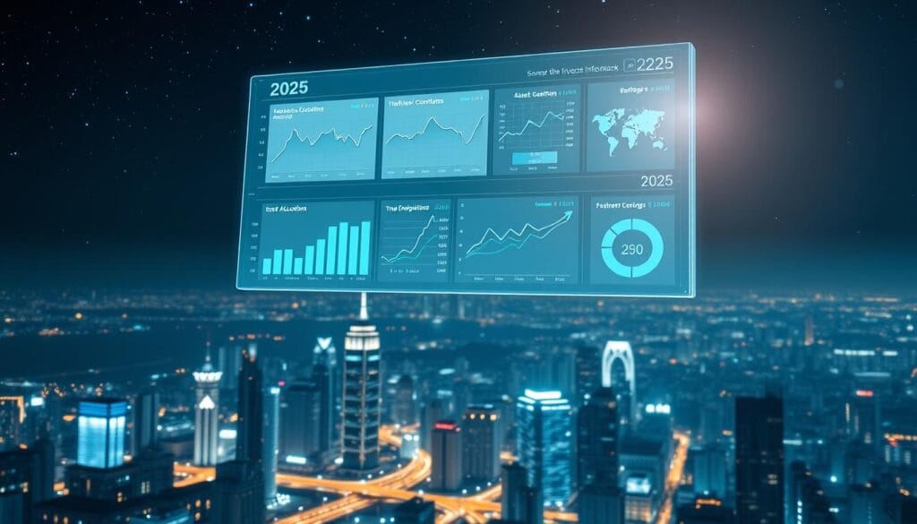 A futuristic data visualization dashboard hovering above a city skyline at night. In the foreground, a clean and minimalist interface displays interactive charts, graphs, and infographics showing market trends, asset allocations, and investment opportunities for the year 2025. The data is visualized using a sleek, high-tech aesthetic with a cool, blue-tinted color palette. In the middle ground, the city skyline is illuminated by a web of glowing skyscrapers and infrastructure, suggesting a technologically advanced, AI-powered urban landscape. In the background, a starry night sky sets the scene, conveying a sense of wonder and possibility for the future of finance and investment. A futuristic data visualization dashboard hovering above a city skyline at night. In the foreground, a clean and minimalist interface displays interactive charts, graphs, and infographics showing market trends, asset allocations, and investment opportunities for the year 2025. The data is visualized using a sleek, high-tech aesthetic with a cool, blue-tinted color palette. In the middle ground, the city skyline is illuminated by a web of glowing skyscrapers and infrastructure, suggesting a technologically advanced, AI-powered urban landscape. In the background, a starry night sky sets the scene, conveying a sense of wonder and possibility for the future of finance and investment.