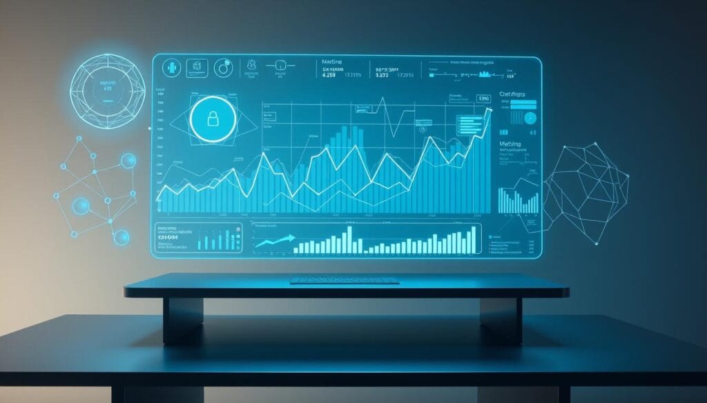A futuristic data visualization dashboard hovers above a sleek metal desk, digital graphs and charts pulsing with real-time investment insights. Holographic displays emanate a soft, blue-tinted glow, casting an atmospheric light across the minimalist workspace. Intricate algorithms and machine learning models are represented by abstract geometric shapes, elegantly intertwined to showcase the power of AI-driven financial analysis. The scene conveys a sense of technological sophistication, empowering investors to stay ahead of market trends with data-driven decision making.