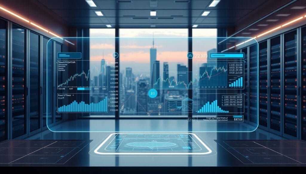 A futuristic data visualization showcasing AI-driven market volatility prediction. In the foreground, a dynamic holographic interface displays real-time stock charts, economic indicators, and predictive algorithms. The middle ground features a sleek, minimalist workspace with a panoramic window overlooking a bustling city skyline. Soft, indirect lighting casts an ambient glow, creating a sense of technological sophistication. In the background, a vast data center hums with activity, its banks of servers and cooling systems symbolizing the immense computational power underlying the AI-powered market analysis. The overall atmosphere conveys a balance of innovation, efficiency, and financial insight, reflecting the article's focus on leveraging AI to assess and manage investment risks. A futuristic data visualization showcasing AI-driven market volatility prediction. In the foreground, a dynamic holographic interface displays real-time stock charts, economic indicators, and predictive algorithms. The middle ground features a sleek, minimalist workspace with a panoramic window overlooking a bustling city skyline. Soft, indirect lighting casts an ambient glow, creating a sense of technological sophistication. In the background, a vast data center hums with activity, its banks of servers and cooling systems symbolizing the immense computational power underlying the AI-powered market analysis. The overall atmosphere conveys a balance of innovation, efficiency, and financial insight, reflecting the article's focus on leveraging AI to assess and manage investment risks.