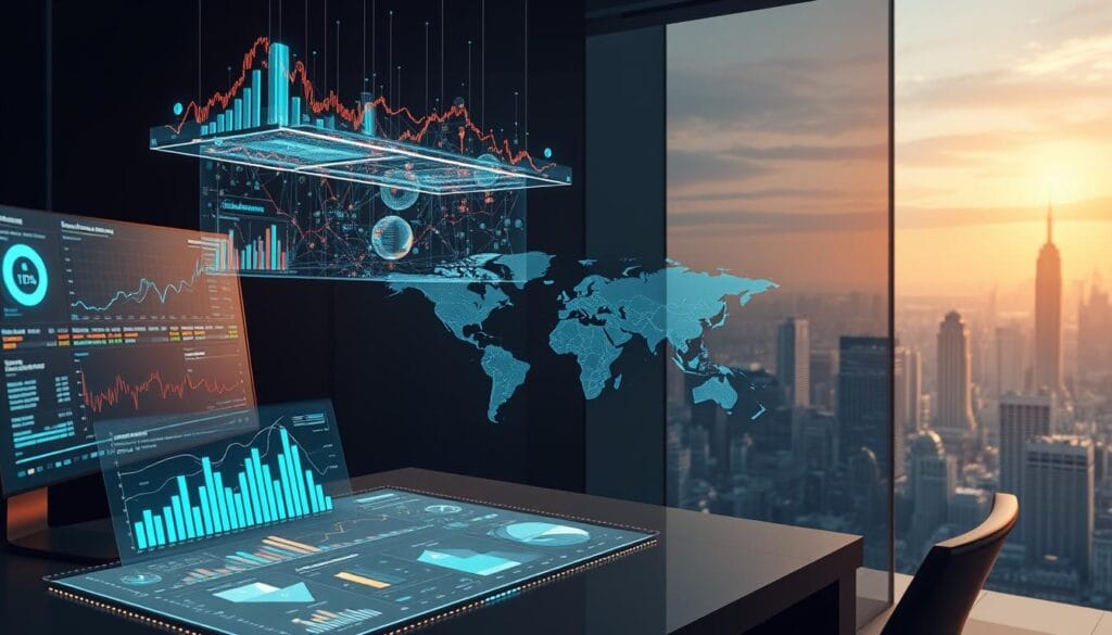 A futuristic desktop scene showcasing the integration of machine learning in portfolio rebalancing. In the foreground, a sleek, holographic display presents interactive charts and graphs, visualizing portfolio data and optimization strategies. Suspended above the desk, a cascade of colorful data streams and neural network visualizations convey the underlying AI-powered analytics. The middle ground features a high-resolution world map, with dynamic market indicators and investment opportunities highlighted across global financial hubs. In the background, a panoramic view of a gleaming, high-tech city skyline hints at the scale and sophistication of the AI-driven investment ecosystem. Warm, diffused lighting and a muted, technological color palette establish a sense of refined, cutting-edge finance. A futuristic desktop scene showcasing the integration of machine learning in portfolio rebalancing. In the foreground, a sleek, holographic display presents interactive charts and graphs, visualizing portfolio data and optimization strategies. Suspended above the desk, a cascade of colorful data streams and neural network visualizations convey the underlying AI-powered analytics. The middle ground features a high-resolution world map, with dynamic market indicators and investment opportunities highlighted across global financial hubs. In the background, a panoramic view of a gleaming, high-tech city skyline hints at the scale and sophistication of the AI-driven investment ecosystem. Warm, diffused lighting and a muted, technological color palette establish a sense of refined, cutting-edge finance.