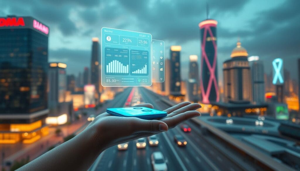 A futuristic digital banking landscape in 2025, with sleek holographic displays, seamless mobile transactions, and personalized financial insights. In the foreground, a stylized virtual banking interface hovers above a user's palm, showcasing intuitive controls and real-time data visualizations. The middle ground features a bustling cityscape of gleaming skyscrapers and autonomous vehicles, reflecting the integrated nature of finance and technology. The background is bathed in a warm, ambient glow, evocative of the secure and connected nature of the fintech revolution. The scene is captured with a cinematic, wide-angle lens, conveying a sense of awe and progress. A futuristic digital banking landscape in 2025, with sleek holographic displays, seamless mobile transactions, and personalized financial insights. In the foreground, a stylized virtual banking interface hovers above a user's palm, showcasing intuitive controls and real-time data visualizations. The middle ground features a bustling cityscape of gleaming skyscrapers and autonomous vehicles, reflecting the integrated nature of finance and technology. The background is bathed in a warm, ambient glow, evocative of the secure and connected nature of the fintech revolution. The scene is captured with a cinematic, wide-angle lens, conveying a sense of awe and progress.