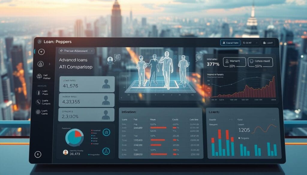 A futuristic digital dashboard displaying a seamless interface for comparing various loan options powered by advanced AI algorithms. The foreground showcases a sleek, minimalist layout with intuitive controls, graphs, and data visualizations that provide a comprehensive overview of loan details, interest rates, and personalized recommendations. The middle ground features holographic projections of financial experts and virtual assistants guiding the user through the comparison process, while the background depicts a cityscape filled with skyscrapers and a vibrant, neon-lit skyline, symbolizing the integration of cutting-edge financial technology into the urban landscape. The scene is illuminated by a warm, diffused lighting that creates a sense of sophistication and innovation, reflecting the evolution of loan comparison in the AI-driven future.