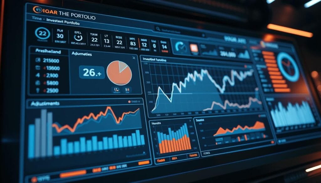 A futuristic digital dashboard displays real-time portfolio data, with charts and graphs seamlessly adjusting in response to market fluctuations. Crisp, high-resolution graphics convey a sense of precision and automation. A sleek, minimalist design aesthetic creates a clean, uncluttered interface. Warm, diffused lighting illuminates the scene, lending an air of sophistication and technological prowess. The camera angle is slightly elevated, providing an immersive, bird's-eye view of the user's personalized investment portfolio adjustments happening in real-time. A futuristic digital dashboard displays real-time portfolio data, with charts and graphs seamlessly adjusting in response to market fluctuations. Crisp, high-resolution graphics convey a sense of precision and automation. A sleek, minimalist design aesthetic creates a clean, uncluttered interface. Warm, diffused lighting illuminates the scene, lending an air of sophistication and technological prowess. The camera angle is slightly elevated, providing an immersive, bird's-eye view of the user's personalized investment portfolio adjustments happening in real-time.