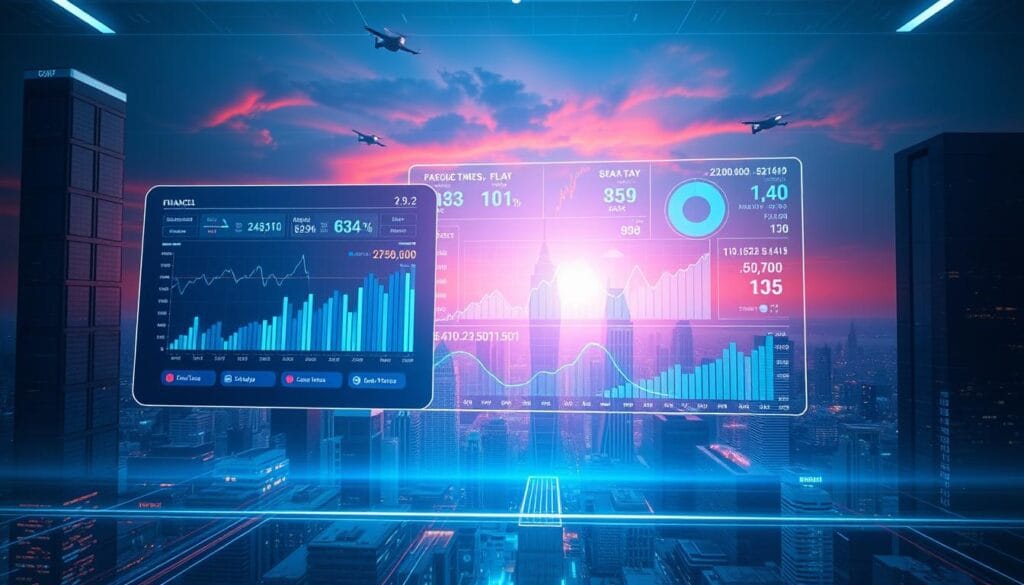 A futuristic digital dashboard showcasing real-time financial insights. The foreground features a sleek, floating interface with dynamic graphs, charts, and data visualizations depicting key financial metrics. The middle ground showcases a holographic projection of stock tickers, currency exchange rates, and market indicators, all updating in real-time. The background is a seamless blend of cityscape and technological landscape, with skyscrapers, flying vehicles, and a vivid, neon-tinged skyline. The scene is bathed in a cool, blue-tinted lighting, creating a sense of precision and forward-thinking. The overall atmosphere conveys a sophisticated, data-driven approach to financial management and predictive budgeting powered by advanced AI systems. A futuristic digital dashboard showcasing real-time financial insights. The foreground features a sleek, floating interface with dynamic graphs, charts, and data visualizations depicting key financial metrics. The middle ground showcases a holographic projection of stock tickers, currency exchange rates, and market indicators, all updating in real-time. The background is a seamless blend of cityscape and technological landscape, with skyscrapers, flying vehicles, and a vivid, neon-tinged skyline. The scene is bathed in a cool, blue-tinted lighting, creating a sense of precision and forward-thinking. The overall atmosphere conveys a sophisticated, data-driven approach to financial management and predictive budgeting powered by advanced AI systems.