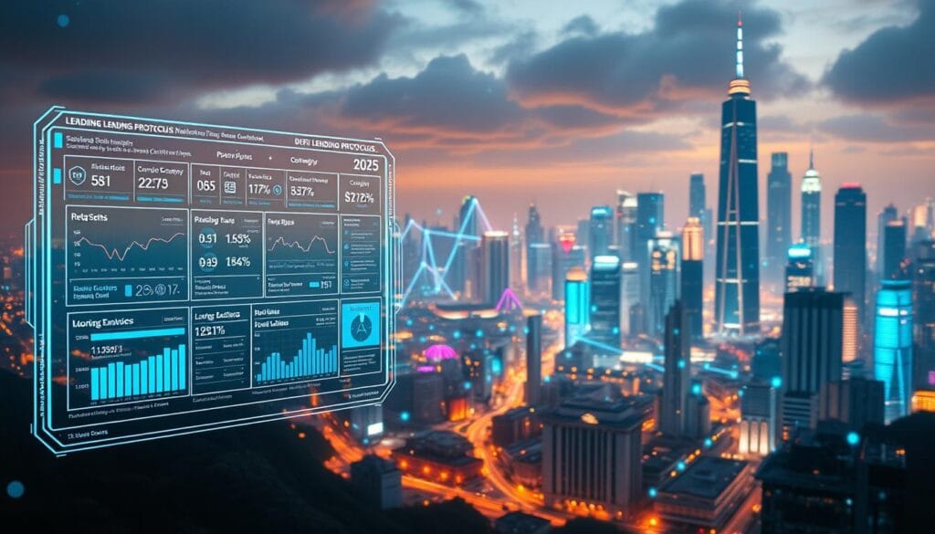 A futuristic digital landscape teeming with activity, showcasing the intricacies of DeFi lending protocols in 2025. In the foreground, a holographic interface displays various lending and borrowing options, with real-time data and analytics. In the middle ground, a network of interconnected blockchain nodes and decentralized applications buzz with seamless transactions. The background is a vibrant cityscape, where towering skyscrapers and neon-lit holograms represent the thriving DeFi ecosystem. The scene is illuminated by a warm, diffused lighting, casting a sense of technological innovation and financial empowerment. The overall composition conveys the dynamism, transparency, and accessibility of the DeFi lending protocols of the future. A futuristic digital landscape teeming with activity, showcasing the intricacies of DeFi lending protocols in 2025. In the foreground, a holographic interface displays various lending and borrowing options, with real-time data and analytics. In the middle ground, a network of interconnected blockchain nodes and decentralized applications buzz with seamless transactions. The background is a vibrant cityscape, where towering skyscrapers and neon-lit holograms represent the thriving DeFi ecosystem. The scene is illuminated by a warm, diffused lighting, casting a sense of technological innovation and financial empowerment. The overall composition conveys the dynamism, transparency, and accessibility of the DeFi lending protocols of the future.