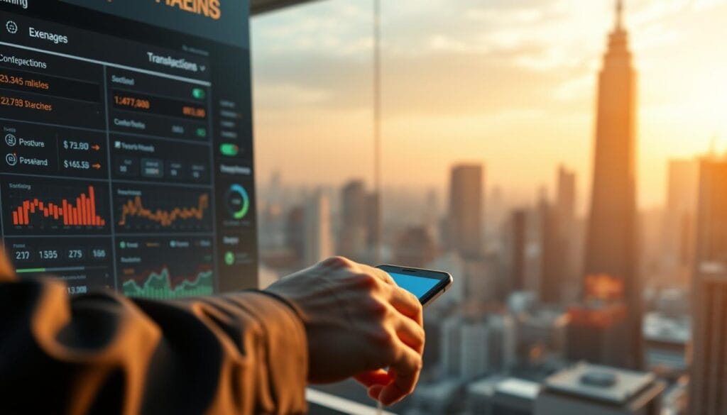 A futuristic digital lending platform interface unfolds, showcasing seamless transactions. In the foreground, a user navigates intuitive menus and taps on vibrant financial data visualizations. The middle ground features a sleek, minimalist design with clean lines and subtle animations, creating a sense of technological sophistication. In the background, a cityscape backdrop emerges, hinting at the platform's global reach and integration with the modern financial landscape. Warm, balanced lighting and a crisp, high-resolution lens capture the scene, evoking a sense of trustworthiness and innovation. The overall mood is one of efficiency, security, and a forward-thinking approach to digital finance. A futuristic digital lending platform interface unfolds, showcasing seamless transactions. In the foreground, a user navigates intuitive menus and taps on vibrant financial data visualizations. The middle ground features a sleek, minimalist design with clean lines and subtle animations, creating a sense of technological sophistication. In the background, a cityscape backdrop emerges, hinting at the platform's global reach and integration with the modern financial landscape. Warm, balanced lighting and a crisp, high-resolution lens capture the scene, evoking a sense of trustworthiness and innovation. The overall mood is one of efficiency, security, and a forward-thinking approach to digital finance.