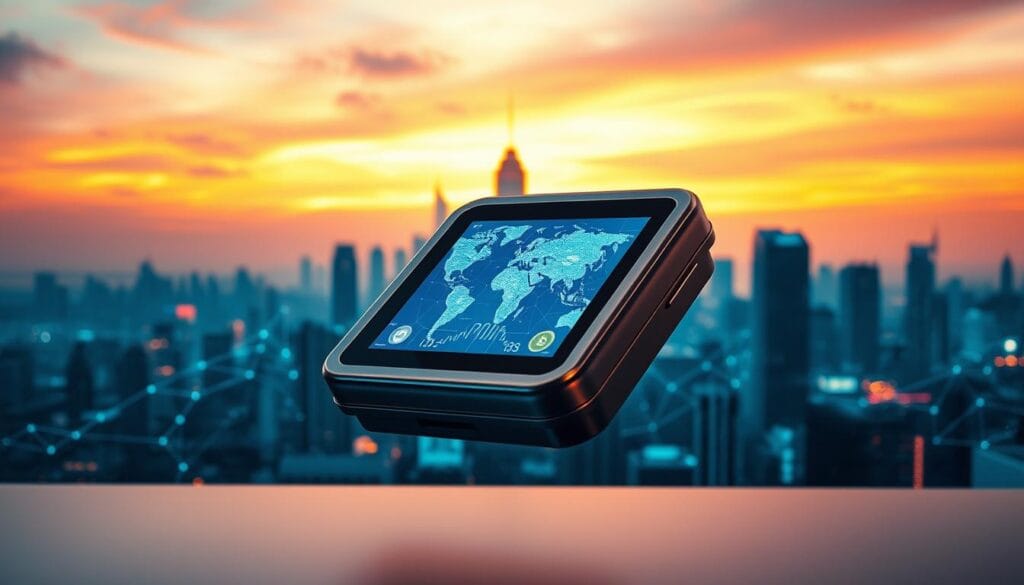 A futuristic digital payment terminal floats in the foreground, its sleek metal and glass facade reflecting the holographic displays of various global currencies. In the middle ground, a network of interconnected nodes and circuits pulsate with data streams, symbolizing the complex infrastructure powering seamless multi-currency transactions. The background depicts a cityscapesilhouetted against a vibrant, neon-tinged sky, hinting at the urbanized, tech-driven world of tomorrow. The scene is illuminated by warm, diffused lighting, creating an atmosphere of modern sophistication and technological advancement. A futuristic digital payment terminal floats in the foreground, its sleek metal and glass facade reflecting the holographic displays of various global currencies. In the middle ground, a network of interconnected nodes and circuits pulsate with data streams, symbolizing the complex infrastructure powering seamless multi-currency transactions. The background depicts a cityscapesilhouetted against a vibrant, neon-tinged sky, hinting at the urbanized, tech-driven world of tomorrow. The scene is illuminated by warm, diffused lighting, creating an atmosphere of modern sophistication and technological advancement.