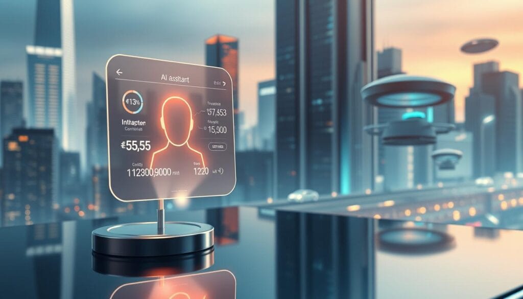 A futuristic digital wallet with a sleek, intuitive interface hovering above a glossy, metallic surface. In the foreground, an AI assistant icon glows with an intelligent, warm light, animated with subtle movements that suggest a helpful, responsive presence. The middle ground features transparent transaction details, currency amounts, and financial data visualizations, all rendered in a clean, minimalist aesthetic. The background showcases a cityscape of towering skyscrapers and hovering autonomous vehicles, bathed in a soft, ambient glow that conveys a sense of technological advancement and progress. The overall scene radiates a mood of efficiency, security, and a seamless integration of human and artificial intelligence. A futuristic digital wallet with a sleek, intuitive interface hovering above a glossy, metallic surface. In the foreground, an AI assistant icon glows with an intelligent, warm light, animated with subtle movements that suggest a helpful, responsive presence. The middle ground features transparent transaction details, currency amounts, and financial data visualizations, all rendered in a clean, minimalist aesthetic. The background showcases a cityscape of towering skyscrapers and hovering autonomous vehicles, bathed in a soft, ambient glow that conveys a sense of technological advancement and progress. The overall scene radiates a mood of efficiency, security, and a seamless integration of human and artificial intelligence.