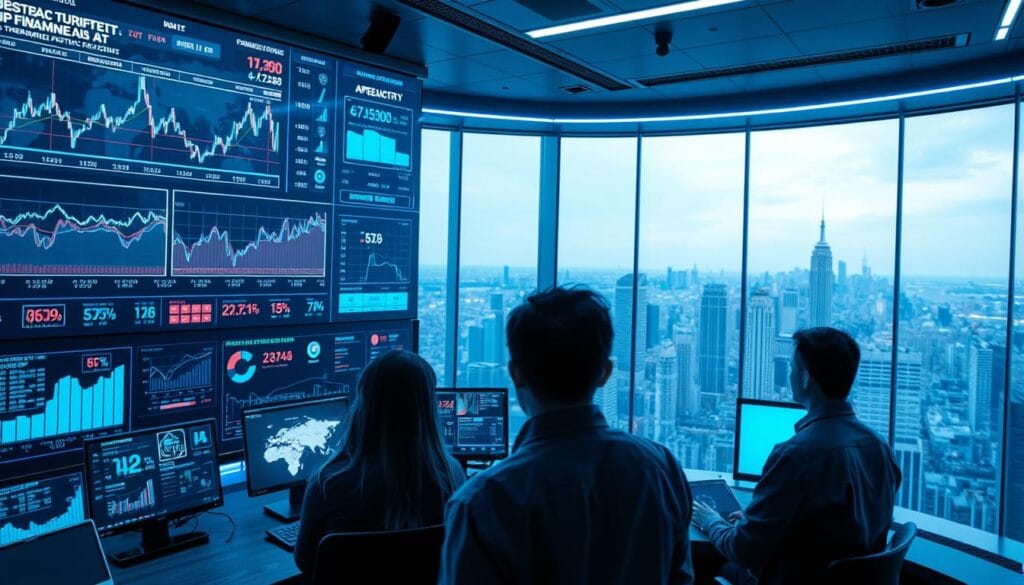 A futuristic financial control room, with sleek holographic displays showcasing dynamic data visualizations of stock trends, currency exchange rates, and predictive AI models. The scene is bathed in a cool, blue-toned lighting, creating an air of technological sophistication. In the foreground, a team of analysts intently monitors the screens, their faces illuminated by the soft glow of the displays. The background features a panoramic window overlooking a bustling metropolis, hinting at the global scale of the financial operations. The overall atmosphere conveys a sense of precision, control, and the transformative power of artificial intelligence in financial forecasting.