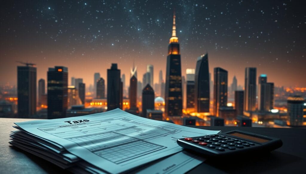 A futuristic financial skyline with a focus on tax changes in 2025. In the foreground, a stack of tax documents and calculator are illuminated by a warm, amber light, symbolizing the impact of new tax policies. The middle ground features a cityscape of modern skyscrapers, their sleek facades reflecting the changing financial landscape. In the background, a starry night sky with a subtle glow, conveying a sense of uncertainty and anticipation about the future. The scene is captured with a cinematic wide-angle lens, creating a sense of depth and grandeur. The overall mood is contemplative, highlighting the significance of the upcoming 2025 tax changes for retirement planning.