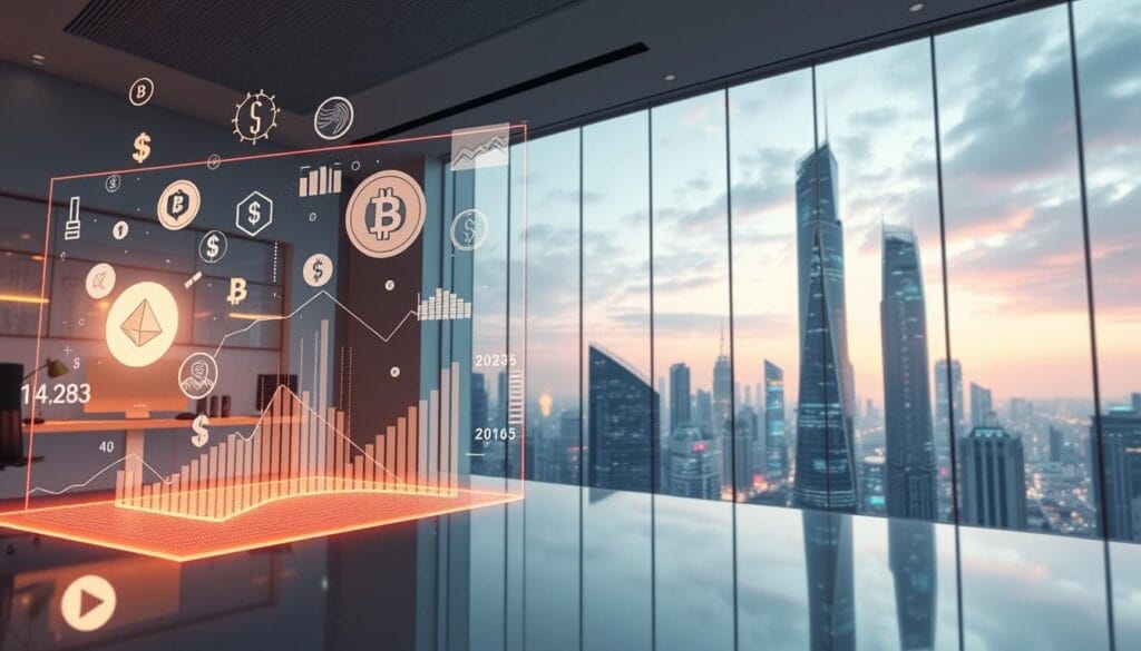 A futuristic, high-tech landscape depicting cryptocurrency investment strategies for the year 2025. In the foreground, a holographic display showcases various cryptocurrency symbols, graphs, and analytical data floating in mid-air. In the middle ground, a sleek, minimalist office space with large windows overlooking a bustling cityscape. Soft, ambient lighting creates a sense of calm and sophistication. The background features towering skyscrapers, their surfaces adorned with digital screens displaying real-time market updates. An atmosphere of innovation, technology, and financial prowess permeates the scene, hinting at the immense potential of cryptocurrency investment in the years to come.