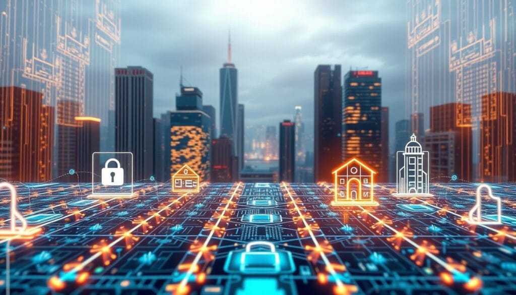 A futuristic illustration of blockchain technology seamlessly integrated into the insurance industry. The foreground depicts a transparent ledger system, with intricate data blocks and secure encryption protocols. In the middle ground, icons representing insurance policies, claims, and payments flow smoothly through the blockchain network. The background showcases a cityscape with towering skyscrapers, hinting at the widespread adoption and integration of this transformative technology. The scene is illuminated by a warm, authoritative lighting, conveying the reliability and trust inherent in the blockchain-powered insurance ecosystem. A futuristic illustration of blockchain technology seamlessly integrated into the insurance industry. The foreground depicts a transparent ledger system, with intricate data blocks and secure encryption protocols. In the middle ground, icons representing insurance policies, claims, and payments flow smoothly through the blockchain network. The background showcases a cityscape with towering skyscrapers, hinting at the widespread adoption and integration of this transformative technology. The scene is illuminated by a warm, authoritative lighting, conveying the reliability and trust inherent in the blockchain-powered insurance ecosystem.