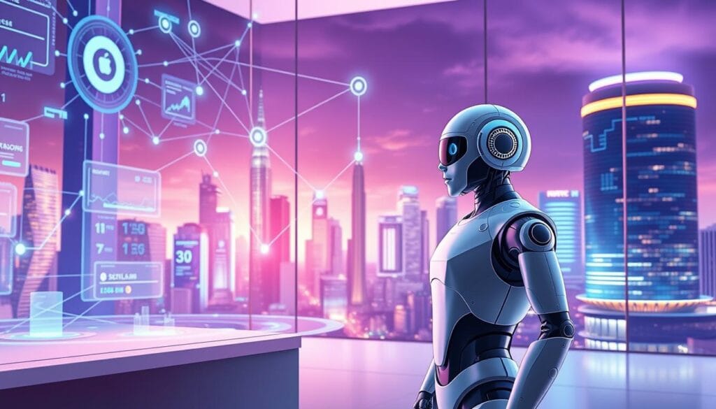 A futuristic illustration of robo-advisors managing automated passive income strategies in 2025. In the foreground, a sleek humanoid robot with a smooth, metallic finish stands in a minimalist office setting, surrounded by holographic displays showcasing financial data and portfolio performance. In the middle ground, a network of interconnected nodes and digital connections symbolize the advanced algorithms powering the robo-advisor's decision-making. The background depicts a modern, high-rise cityscape with gleaming skyscrapers and a vibrant, neon-lit skyline, suggesting the technological advancements and urban landscape of the year 2025. The scene conveys a sense of efficiency, automation, and the growing prominence of robo-advisors in the world of personal finance and passive income generation. A futuristic illustration of robo-advisors managing automated passive income strategies in 2025. In the foreground, a sleek humanoid robot with a smooth, metallic finish stands in a minimalist office setting, surrounded by holographic displays showcasing financial data and portfolio performance. In the middle ground, a network of interconnected nodes and digital connections symbolize the advanced algorithms powering the robo-advisor's decision-making. The background depicts a modern, high-rise cityscape with gleaming skyscrapers and a vibrant, neon-lit skyline, suggesting the technological advancements and urban landscape of the year 2025. The scene conveys a sense of efficiency, automation, and the growing prominence of robo-advisors in the world of personal finance and passive income generation.