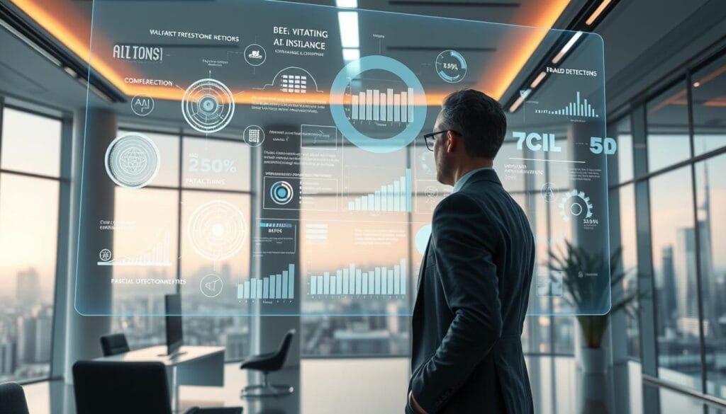 A futuristic insurance office with an AI assistant evaluating fraud data and compliance metrics on a large holographic display. The scene features a well-lit and modern interior with sleek, minimalist decor. In the foreground, an insurance agent confers with the AI system, surrounded by floating data visualizations and analytical reports. The middle ground showcases various compliance and fraud detection algorithms running in the background, represented by abstract geometric patterns and data streams. The background portrays a panoramic city skyline visible through floor-to-ceiling windows, reflecting the advanced technological capabilities transforming the insurance industry. A futuristic insurance office with an AI assistant evaluating fraud data and compliance metrics on a large holographic display. The scene features a well-lit and modern interior with sleek, minimalist decor. In the foreground, an insurance agent confers with the AI system, surrounded by floating data visualizations and analytical reports. The middle ground showcases various compliance and fraud detection algorithms running in the background, represented by abstract geometric patterns and data streams. The background portrays a panoramic city skyline visible through floor-to-ceiling windows, reflecting the advanced technological capabilities transforming the insurance industry.