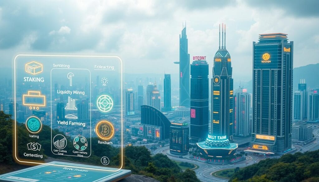 A futuristic landscape depicting alternative crypto income methods. In the foreground, a holographic display showcases various digital assets and income streams - staking, liquidity mining, yield farming, and more. In the middle ground, a cluster of skyscrapers with crypto-themed architecture. Animated neon signs and holograms illustrate the dynamic and constantly evolving nature of the crypto economy. The background features a vibrant cityscape, hinting at the integration of blockchain technology into everyday life. Soft, warm lighting creates an optimistic, forward-looking atmosphere. Captured with a wide-angle lens to emphasize the grand scale and scope of the scene.