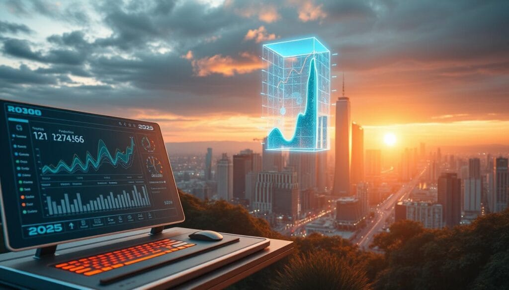 A futuristic landscape depicting automated investment growth in 2025. In the foreground, a sleek, minimalist digital dashboard showcases a seamless robo-advisor interface, with intuitive controls and real-time portfolio analytics. The middle ground features a towering, holographic display projecting dynamic financial charts and projections, underpinned by advanced algorithms. In the background, a serene, optimistic cityscape emerges, with gleaming skyscrapers and a vibrant, bustling financial district. The scene is bathed in a warm, golden glow, conveying a sense of prosperity and technological progress. The overall atmosphere is one of sophistication, efficiency, and a promising future for young investors embracing robo-advisory solutions.