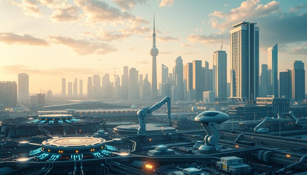 A futuristic landscape depicting the AI value chain, captured through the lens of an advanced camera. In the foreground, an array of interconnected data hubs and processing nodes, their intricate circuitry and twinkling lights hinting at the complex algorithms that power the AI ecosystem. In the middle ground, sleek robotic arms and autonomous vehicles, seamlessly integrating AI-driven decision-making into the physical world. In the background, a towering cityscape of gleaming skyscrapers, symbolizing the far-reaching impact of AI on global industries and economies. The scene is bathed in a warm, golden glow, conveying a sense of optimism and progress, yet with a subtle underlying tension, suggesting the careful balance required to harness the full potential of AI for sustainable, responsible investment. A futuristic landscape depicting the AI value chain, captured through the lens of an advanced camera. In the foreground, an array of interconnected data hubs and processing nodes, their intricate circuitry and twinkling lights hinting at the complex algorithms that power the AI ecosystem. In the middle ground, sleek robotic arms and autonomous vehicles, seamlessly integrating AI-driven decision-making into the physical world. In the background, a towering cityscape of gleaming skyscrapers, symbolizing the far-reaching impact of AI on global industries and economies. The scene is bathed in a warm, golden glow, conveying a sense of optimism and progress, yet with a subtle underlying tension, suggesting the careful balance required to harness the full potential of AI for sustainable, responsible investment.