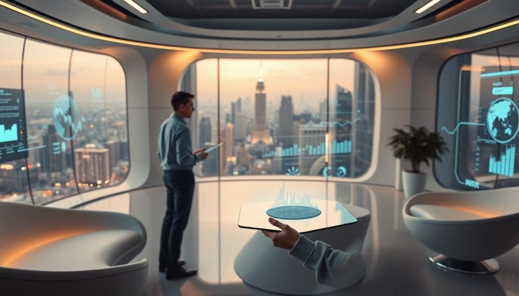 A futuristic, minimalist office interior with sleek, curved furniture and holographic displays. The foreground features a young professional in a smart casual outfit, intently reviewing financial data on a large transparent screen. The middle ground showcases advanced AI-powered wealth management technology, including autonomous trading algorithms and predictive analytics dashboards. The background depicts a panoramic view of a vibrant, high-tech cityscape, conveying the modern, forward-thinking nature of AI-driven wealth management for millennials. Warm, diffused lighting creates a tranquil, focused atmosphere, while a muted color palette of greys, blues, and whites evokes a sense of sophistication and technological innovation. A futuristic, minimalist office interior with sleek, curved furniture and holographic displays. The foreground features a young professional in a smart casual outfit, intently reviewing financial data on a large transparent screen. The middle ground showcases advanced AI-powered wealth management technology, including autonomous trading algorithms and predictive analytics dashboards. The background depicts a panoramic view of a vibrant, high-tech cityscape, conveying the modern, forward-thinking nature of AI-driven wealth management for millennials. Warm, diffused lighting creates a tranquil, focused atmosphere, while a muted color palette of greys, blues, and whites evokes a sense of sophistication and technological innovation.