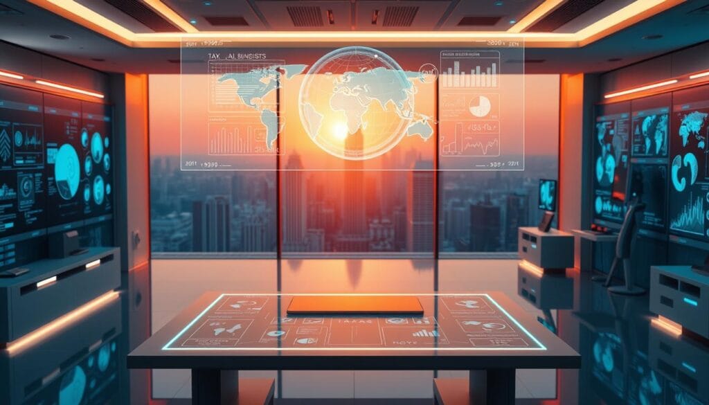 A futuristic office interior, bathed in warm, ambient lighting. In the foreground, a sleek, minimalist desk with a holographic display, showcasing detailed tax data and optimization algorithms. Floating above the desk, a transparent, AI-powered interface illustrates complex financial models and tax-saving strategies. In the middle ground, a large panoramic window offers a cityscape view, hinting at the global scope of the AI's tax optimization capabilities. The background features cutting-edge technology, with robotic assistants and data visualization panels lining the walls, creating an atmosphere of advanced, intelligent tax planning.