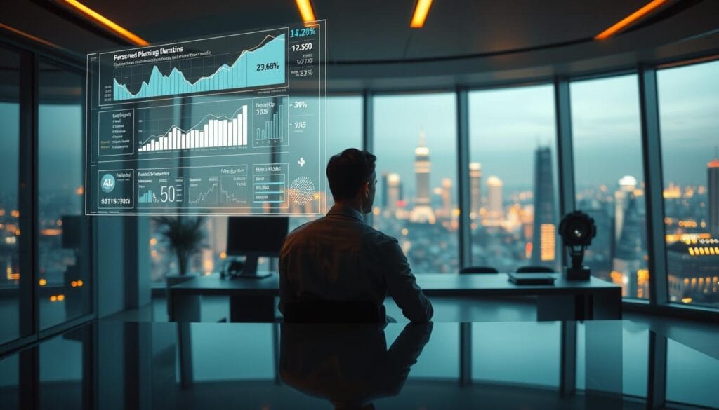 A futuristic office interior, bathed in warm, ambient lighting. In the foreground, a sleek, holographic display projects dynamic financial data and personalized investment recommendations. In the middle ground, a person sits at a minimalist desk, deep in contemplation as they interact with the AI-powered planning interface, their face reflected in the display's smooth surface. The background features floor-to-ceiling windows overlooking a bustling, high-tech cityscape, hinting at the integration of AI into the modern financial landscape. The overall atmosphere conveys a sense of efficiency, control, and the seamless fusion of human and artificial intelligence in the realm of personal finance.