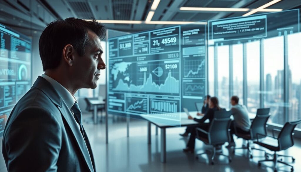 A futuristic office interior with a holographic display showcasing complex financial data and algorithms. In the foreground, an executive in a sleek, minimalist outfit intently observing the projections, their face illuminated by the digital display. The middle ground features a team of analysts collaborating around a large conference table, their expressions intense as they analyze the data. The background subtly depicts the cityscape outside, hinting at the global scale of the AI-driven financial forecasting process. The lighting is crisp and clean, reflecting the precision and efficiency of the system. The overall atmosphere conveys a sense of cutting-edge technology, strategic decision-making, and the transformative power of AI in financial planning. A futuristic office interior with a holographic display showcasing complex financial data and algorithms. In the foreground, an executive in a sleek, minimalist outfit intently observing the projections, their face illuminated by the digital display. The middle ground features a team of analysts collaborating around a large conference table, their expressions intense as they analyze the data. The background subtly depicts the cityscape outside, hinting at the global scale of the AI-driven financial forecasting process. The lighting is crisp and clean, reflecting the precision and efficiency of the system. The overall atmosphere conveys a sense of cutting-edge technology, strategic decision-making, and the transformative power of AI in financial planning.