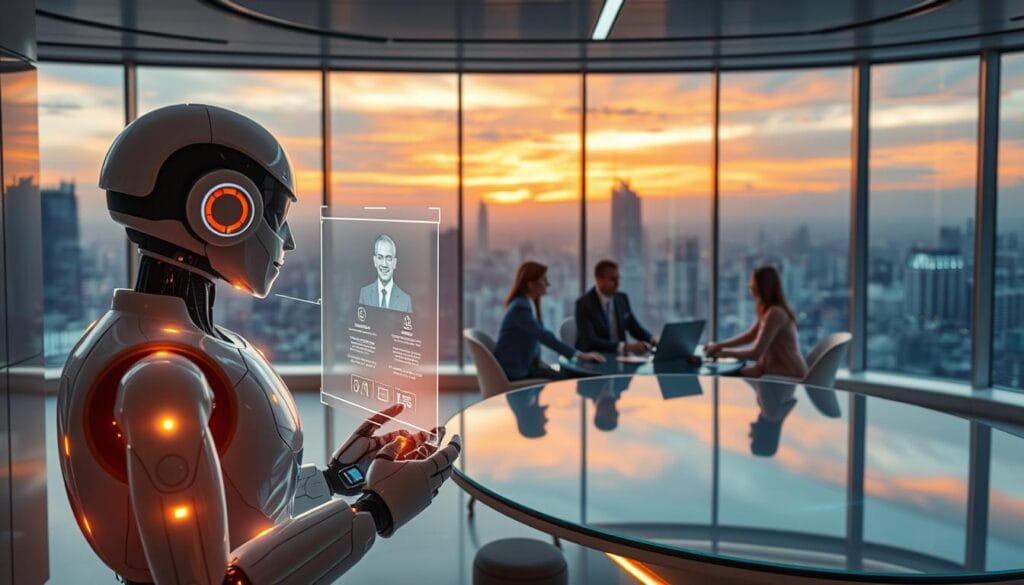 A futuristic office interior with sleek, minimalist design. In the foreground, a holographic insurance chatbot with a warm, lifelike expression, engaging with a client through a projected user interface. In the middle ground, a team of insurance professionals collaborating around a curved, glass-topped table, their faces illuminated by the chatbot's projection. The background features floor-to-ceiling windows overlooking a dynamic cityscape, with a vibrant, sunset-bathed sky. The scene is bathed in a soft, diffused lighting, creating a sense of sophistication and technological advancement.