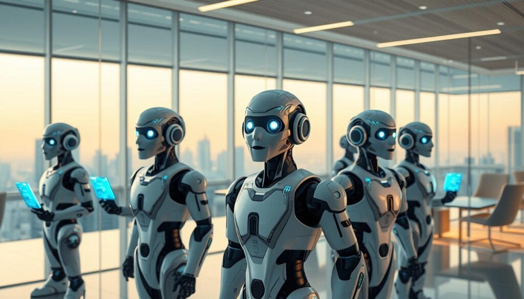 A futuristic office interior with transparent glass walls and sleek, minimalist furniture. In the foreground, a group of realistic, anthropomorphized insurance chatbots in various poses, their AI-powered interfaces projecting holographic data streams. The chatbots' facial expressions convey a sense of diligence and helpfulness, their robotic yet friendly demeanor designed to provide seamless customer service. Soft, indirect lighting casts a warm glow, creating an atmosphere of efficiency and technological innovation. The background features a cityscape visible through the glass, representing the chatbots' ability to serve customers remotely. The overall scene depicts the essential role of AI-powered insurance chatbots in enhancing customer experience in the year 2025.