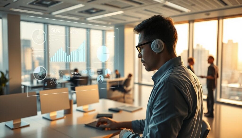 A futuristic office scene depicting the benefits of AI in personal financial management. In the foreground, a person analyzes a holographic display of cash flow data, aided by intuitive AI visualization tools. The middle ground showcases sleek, minimalist workstations where professionals collaborate, while the background features floor-to-ceiling windows overlooking a modern cityscape. Soft, directional lighting casts a warm, productive ambiance, highlighting the seamless integration of AI-powered analytics into the workflow. The scene conveys a sense of efficiency, insight, and the empowering potential of AI in optimizing personal finances.