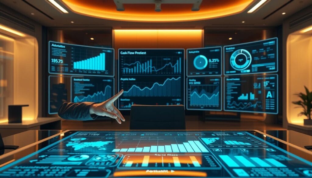 A futuristic office scene with a sleek, modern desk featuring a holographic cash flow dashboard. In the foreground, a businessperson interacts with the digital interface, manipulating financial data with fluid hand gestures. The middle ground showcases an array of AI-powered analytics and forecasting tools, their output displayed on curved, transparent screens. The background is bathed in a warm, ambient lighting, conveying a sense of technological sophistication and financial control. The overall atmosphere evokes a seamless integration of human decision-making and artificial intelligence, optimizing small business cash flow management. A futuristic office scene with a sleek, modern desk featuring a holographic cash flow dashboard. In the foreground, a businessperson interacts with the digital interface, manipulating financial data with fluid hand gestures. The middle ground showcases an array of AI-powered analytics and forecasting tools, their output displayed on curved, transparent screens. The background is bathed in a warm, ambient lighting, conveying a sense of technological sophistication and financial control. The overall atmosphere evokes a seamless integration of human decision-making and artificial intelligence, optimizing small business cash flow management.