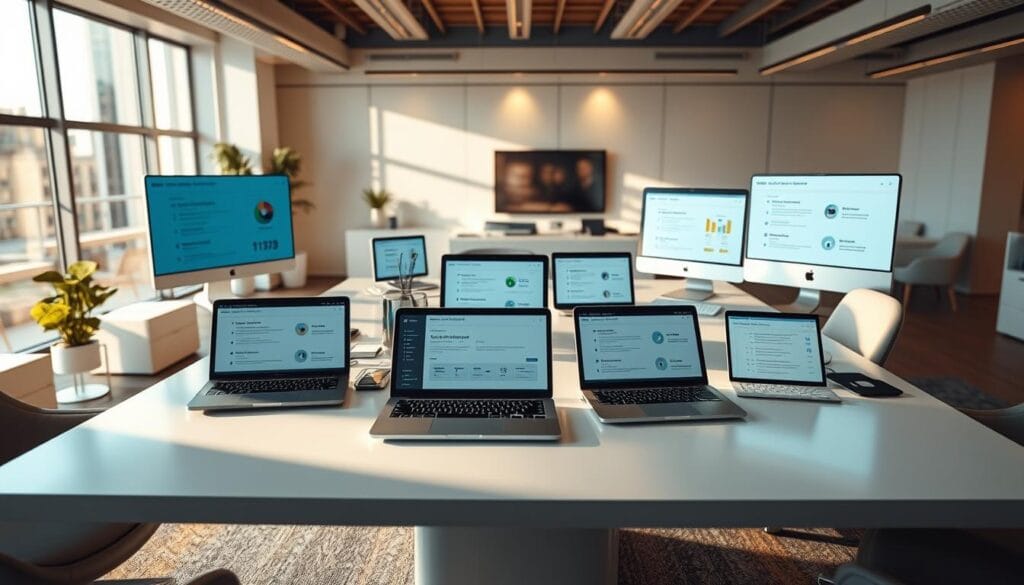 A futuristic office setting with a large table showcasing various tax software products for small businesses in 2025. The table is illuminated by a warm, natural light streaming in from a window, casting soft shadows and creating a professional, yet inviting atmosphere. On the table, there are several laptop computers, tablets, and other digital devices displaying detailed product comparisons, ratings, and key features. The background features modern office decor, with minimalist furniture and a clean, organized aesthetic. The overall mood is one of productivity, efficiency, and a forward-looking approach to small business tax automation.