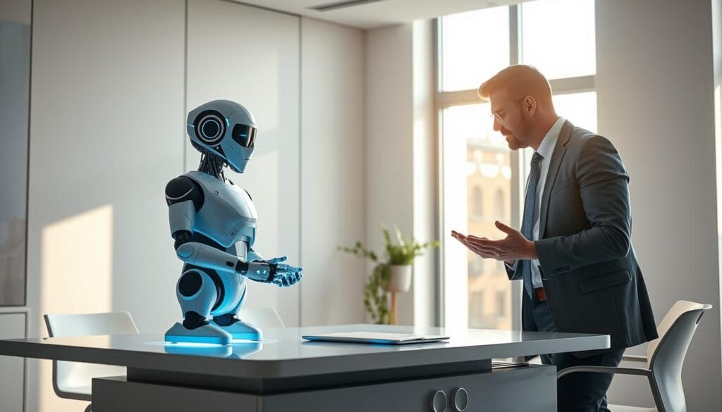 A futuristic office setting with a pair of AI chatbots offering financial guidance to a human client. The chatbots, sleek and modern in appearance, stand atop a clean, minimalist desk, their interfaces projected holographically. The client, dressed professionally, leans forward intently, engaged in an animated discussion. The room is bathed in soft, indirect lighting, conveying a sense of trust and innovation. Sunlight filters in through large windows, creating a warm, welcoming atmosphere. The overall scene reflects the seamless integration of AI-powered virtual assistants into the financial advisory process, catering to the needs of the modern, tech-savvy consumer.