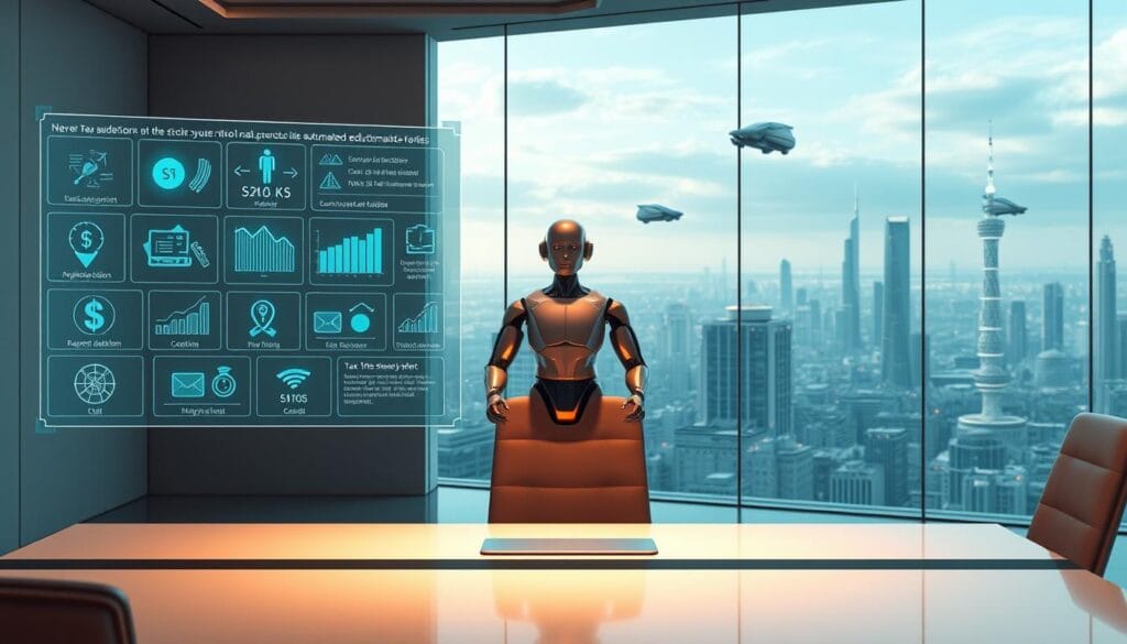A futuristic office setting with a sleek, minimalist aesthetic. In the foreground, a holographic interface displays a series of animated icons and graphs, representing various tax deductions and credits. The middle ground features a humanoid AI assistant, its metallic body gently glowing, guiding the user through the automated deduction process with calm, reassuring gestures. The background depicts a vast, panoramic cityscape, with hovering autonomous vehicles and gleaming skyscrapers, suggesting a technologically advanced urban environment in the year 2025. Warm, diffused lighting creates a sense of efficiency and modernity, while a subtle blue-green color palette evokes a sense of trust and professionalism. A futuristic office setting with a sleek, minimalist aesthetic. In the foreground, a holographic interface displays a series of animated icons and graphs, representing various tax deductions and credits. The middle ground features a humanoid AI assistant, its metallic body gently glowing, guiding the user through the automated deduction process with calm, reassuring gestures. The background depicts a vast, panoramic cityscape, with hovering autonomous vehicles and gleaming skyscrapers, suggesting a technologically advanced urban environment in the year 2025. Warm, diffused lighting creates a sense of efficiency and modernity, while a subtle blue-green color palette evokes a sense of trust and professionalism.