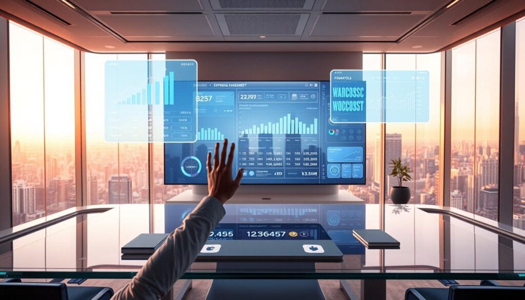 A futuristic office setting with sleek, holographic budgeting and expense management interfaces floating above a glass desk. In the foreground, a person interacts with the AR displays using hand gestures, surrounded by a minimalist, high-tech aesthetic. The middle ground features a large, transparent screen displaying financial data and analysis tools. The background showcases a panoramic cityscape view through floor-to-ceiling windows, bathed in warm, ambient lighting. The overall scene conveys a sense of advanced, AI-powered financial management in a modern, efficient workspace.