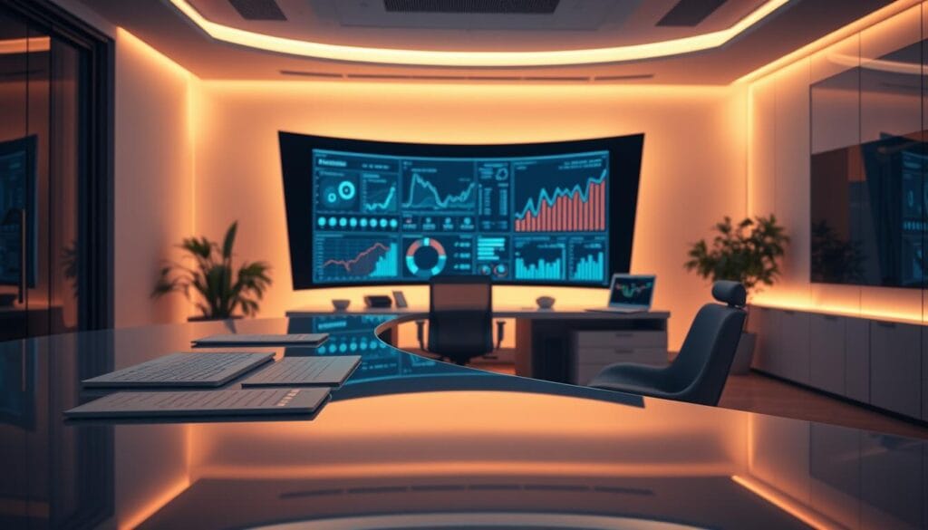 A futuristic office space with a sleek, modern aesthetic. In the foreground, a glossy desk displays an array of AI-powered analytics tools, including interactive dashboards, predictive algorithms, and real-time cash flow visualization. Overhead, a large, curved monitor showcases intricate financial data and projections. The middle ground features an ergonomic chair and a minimalist, yet functional work environment. The background is bathed in warm, indirect lighting, creating a calm and focused atmosphere. The overall scene conveys the power of AI-driven cash flow analysis, blending cutting-edge technology with a streamlined, user-friendly interface.