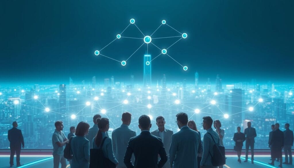 A futuristic peer-to-peer insurance model, where individuals form decentralized communities leveraging blockchain technology. In the foreground, a group of people collaboratively managing their shared risks, with transparent algorithms and smart contracts powering the transaction flows. The middle ground showcases a network of interconnected nodes, representing the distributed ledger that secures the transactions. In the background, a cityscape with towering skyscrapers, symbolizing the integration of this innovative insurance approach within the urban landscape of 2025. The scene is bathed in a cool, blue-tinted lighting, conveying a sense of trust, transparency, and technological advancement. A futuristic peer-to-peer insurance model, where individuals form decentralized communities leveraging blockchain technology. In the foreground, a group of people collaboratively managing their shared risks, with transparent algorithms and smart contracts powering the transaction flows. The middle ground showcases a network of interconnected nodes, representing the distributed ledger that secures the transactions. In the background, a cityscape with towering skyscrapers, symbolizing the integration of this innovative insurance approach within the urban landscape of 2025. The scene is bathed in a cool, blue-tinted lighting, conveying a sense of trust, transparency, and technological advancement.