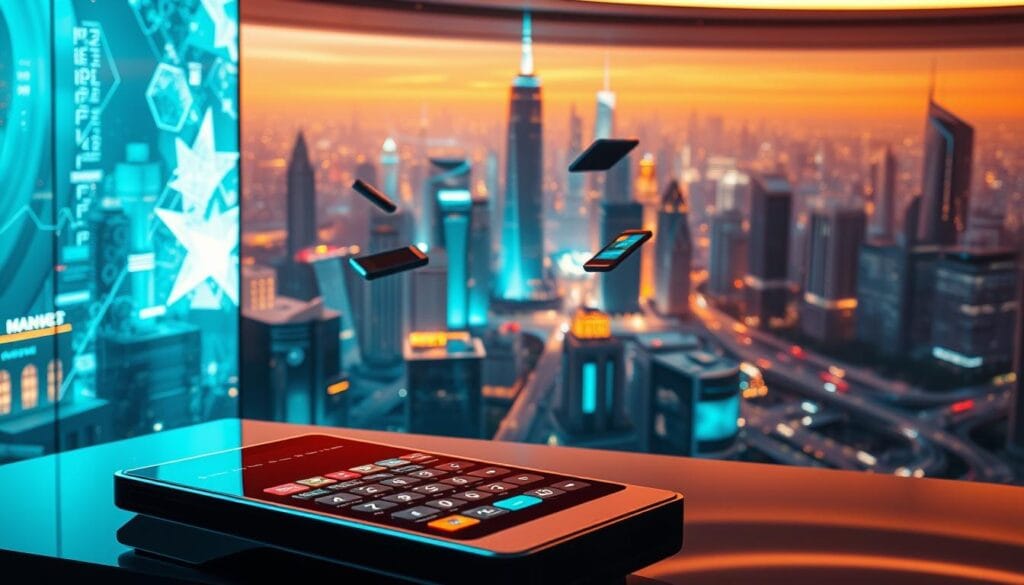 A futuristic scene depicting embedded payment solutions in a sleek, high-tech environment. In the foreground, a modern payment terminal seamlessly blends into a polished, minimalist interface, highlighting intuitive touchscreen controls and seamless integration. In the middle ground, digital wallets and mobile devices float effortlessly, showcasing the effortless flow of transactions. The background features a vast, holographic cityscape, its towering skyscrapers and bustling streets reflecting the cutting-edge advancements of embedded finance in the year 2025. Warm, ambient lighting casts a futuristic glow, while a sense of efficiency and innovation permeates the scene. A futuristic scene depicting embedded payment solutions in a sleek, high-tech environment. In the foreground, a modern payment terminal seamlessly blends into a polished, minimalist interface, highlighting intuitive touchscreen controls and seamless integration. In the middle ground, digital wallets and mobile devices float effortlessly, showcasing the effortless flow of transactions. The background features a vast, holographic cityscape, its towering skyscrapers and bustling streets reflecting the cutting-edge advancements of embedded finance in the year 2025. Warm, ambient lighting casts a futuristic glow, while a sense of efficiency and innovation permeates the scene.