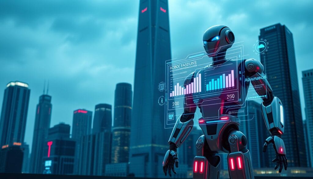 A futuristic scene depicting the contrast between robo-advisors and AI-driven investment platforms. In the foreground, a sleek, metallic robo-advisor stands tall, its mechanical arms and LED displays symbolizing its automated nature. In the middle ground, a holographic interface showcases the advanced analytics and personalized recommendations of an AI-powered investment platform. The background features a cityscape of towering skyscrapers, hinting at the scale and sophistication of modern financial technology. The scene is bathed in a cool, neon-tinged lighting, creating a sense of technological wonder and innovation. The composition emphasizes the coexistence and contrast between these two financial advisory approaches, setting the stage for a deeper exploration of their respective strengths and applications.