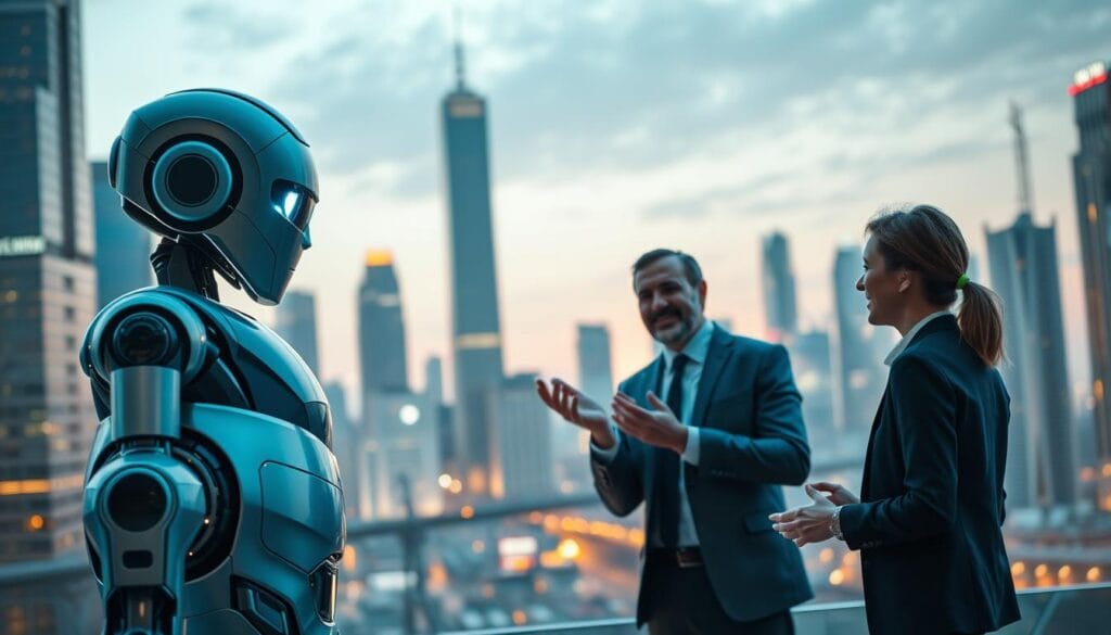 A futuristic scene depicting the evolution of financial advisory services in 2025. In the foreground, a sleek, humanoid robo-advisor stands tall, its metallic chassis gleaming under the soft, ambient lighting. Its eyes glow with an intelligent, almost sentient, expression. In the middle ground, a human financial advisor gestures animatedly, engaged in a discussion with a client. The advisor's face is warm and approachable, their body language exuding a sense of expertise and empathy. In the background, a cityscape of towering skyscrapers and advanced infrastructure creates a modern, technologically-advanced atmosphere. The scene conveys the coexistence and complementary roles of robo-advisors and human advisors in the evolving financial services landscape of 2025.