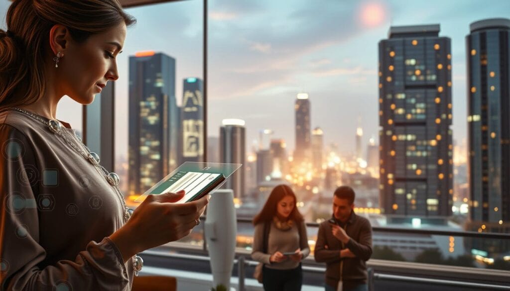 A futuristic scene depicting the practical applications of blockchain in personal finance. In the foreground, a woman uses a holographic interface to securely manage her digital wallet, with blockchain transaction details displayed in a translucent overlay. In the middle ground, a family reviews their smart home's blockchain-powered energy usage and savings. In the background, a cityscape showcases skyscrapers with embedded blockchain nodes, symbolizing the widespread adoption of blockchain technology. The scene is illuminated by a warm, ambient lighting, creating a sense of progress and technological advancement.